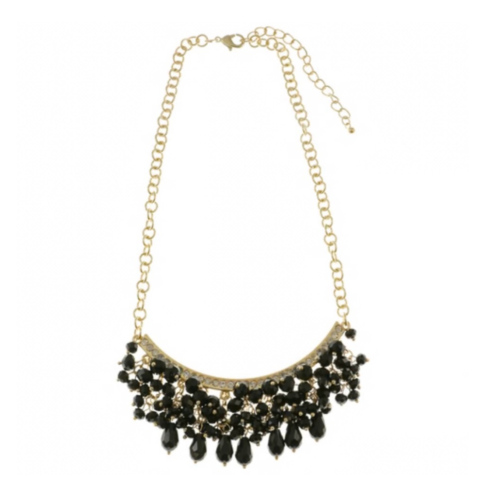 Gold Black Crystal Bib Necklace Stylish Drop Beads Adjustable Elegant & Trendy